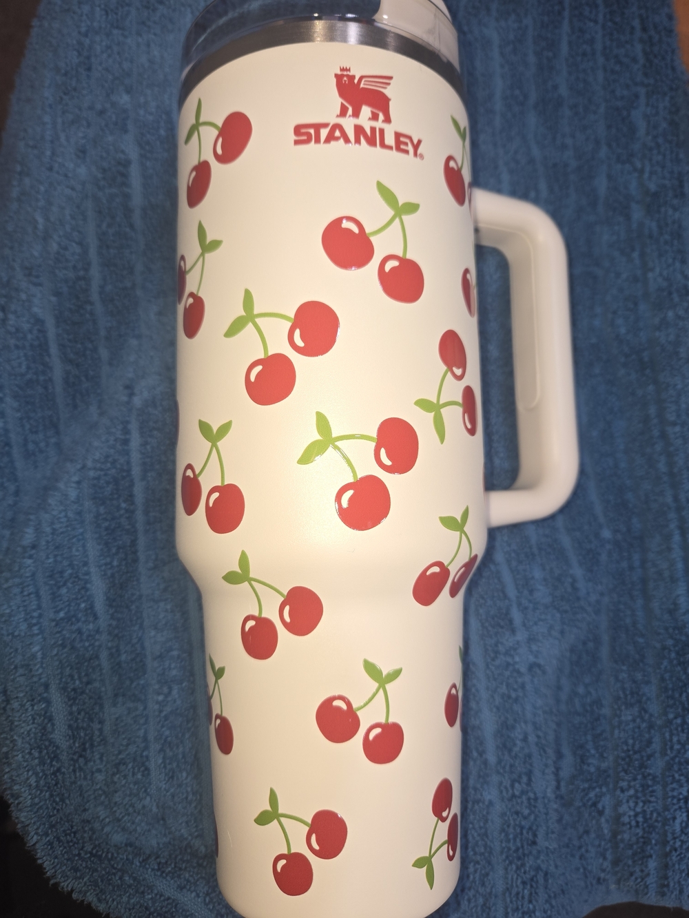 Stanley White Travel Tumbler with Red Cherry Print and Green Stems